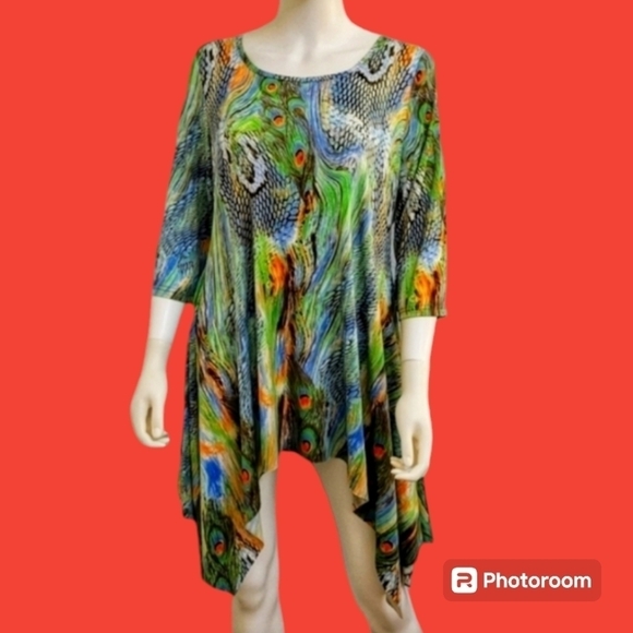 LA MODA BEACH Fairycore Peacock Assymetric Handkerchief Sharkbite Blouse Medium - Picture 1 of 9